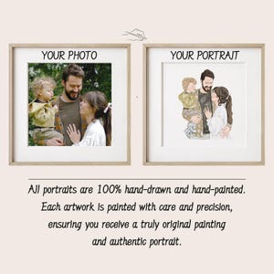 May include: Two framed portraits side-by-side. The left frame displays a photograph of a family, while the right frame shows a hand-painted portrait of the same family. Text above each frame reads "YOUR PHOTO" and "YOUR PORTRAIT". Below, text states all portraits are hand-drawn.