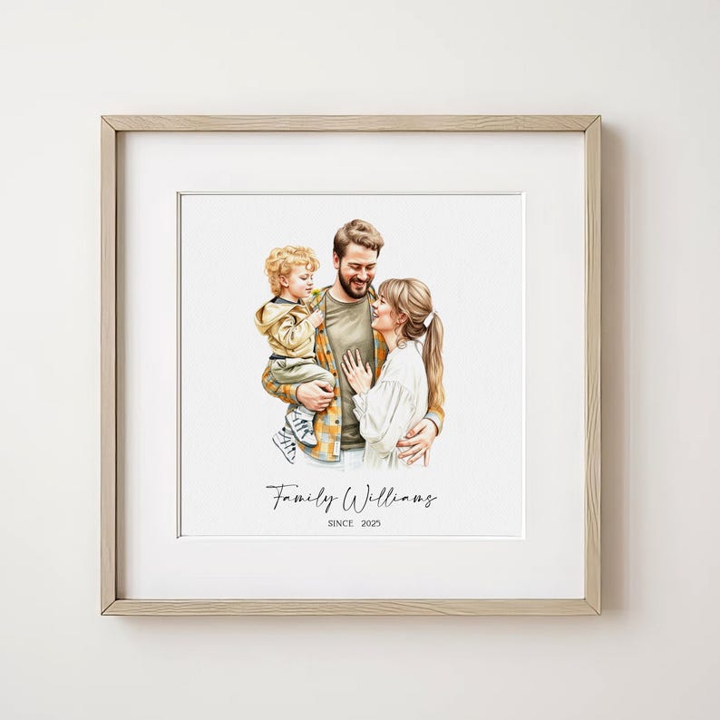 May include: A framed watercolor portrait of a family of three. The artwork depicts a man holding a young child, with a woman standing beside them. The family portrait is personalized with the text "Family Williams" and "SINCE 2025".