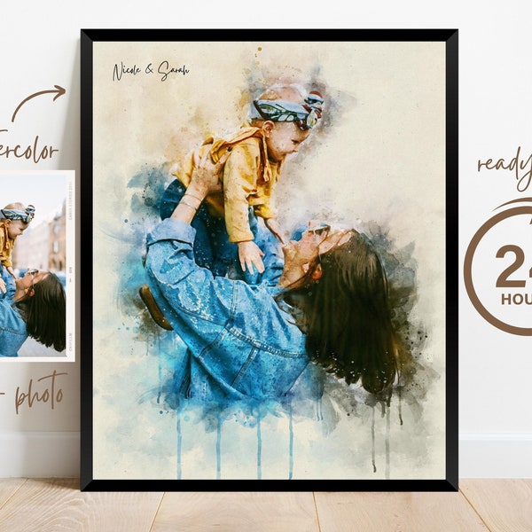 Moederdag gepersonaliseerde aquarelprint van foto, cadeau voor moeder moeder oma, familieportret, eerste moederdag, cadeau van dochter