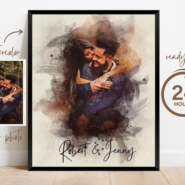 Watercolor Couple Portrait, 1st Anniversary Gift, 1st Anniversary Gift for Him, 1st Anniversary Present, Painting from Photo, Personalized