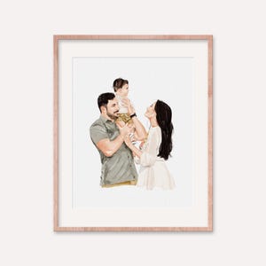 May include: Watercolor portrait of a family of three, framed in a rose gold frame. The artwork depicts a man, woman, and child. The man is holding the child on his shoulders. The woman is looking up at the child. The background is white.