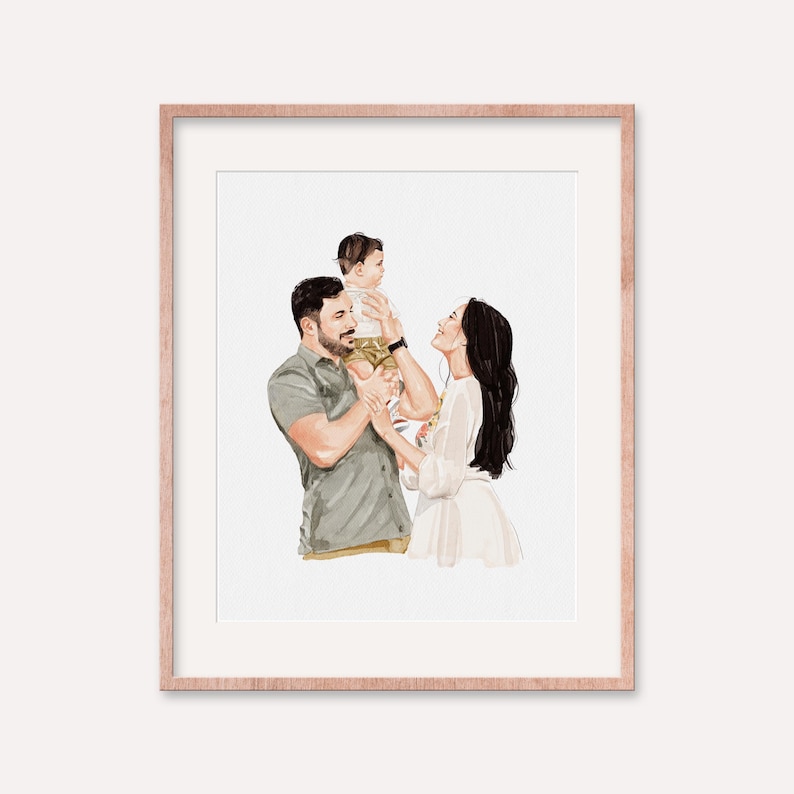 May include: Watercolor portrait of a family of three, framed in a rose gold frame. The artwork depicts a man, woman, and child. The man is holding the child on his shoulders. The woman is looking up at the child. The background is white.