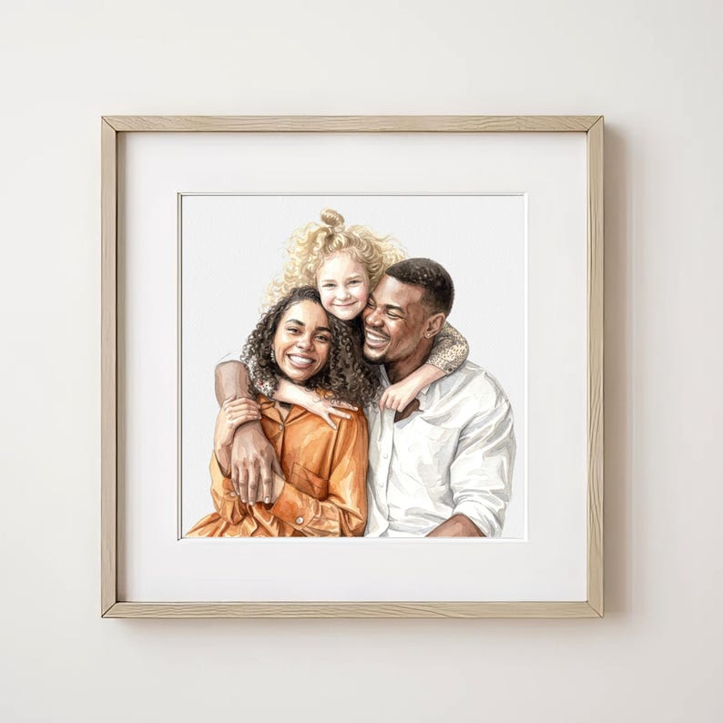 May include: A framed watercolor portrait of a family of three. The portrait features a smiling woman in an orange shirt, a smiling man in a white shirt, and a smiling child with curly blonde hair. The frame is light brown.