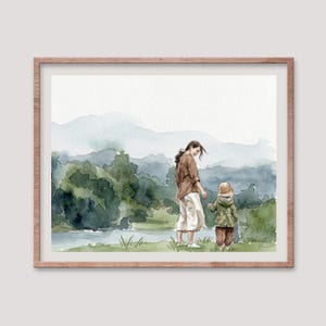 May include: Watercolor painting of a mother and child walking near a lake. The mother wears a brown shirt and white pants, while the child is in a green jacket and brown pants. The background features green trees and blue mountains.