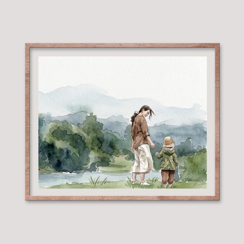 May include: Watercolor painting of a mother and child walking near a lake. The mother wears a brown shirt and white pants, while the child is in a green jacket and brown pants. The background features green trees and blue mountains.