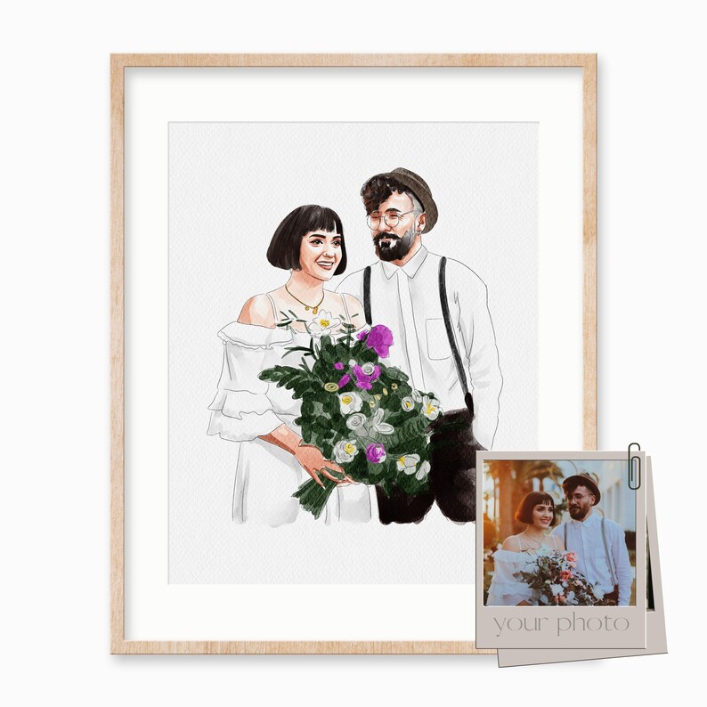 May include: A watercolor illustration of a couple in wedding attire. The woman is wearing a white dress and holding a bouquet of purple and white flowers. The man is wearing a white shirt, a black hat, and black pants. The illustration is framed in a light wood frame.
