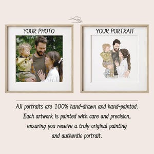 Puede incluir: Dos retratos enmarcados, uno una fotograf&iacute;a y el otro una ilustraci&oacute;n pintada a mano, cada uno con una familia. El texto dice "YOUR PHOTO" y "YOUR PORTRAIT". Debajo, el texto indica que los retratos est&aacute;n dibujados y pintados a mano.