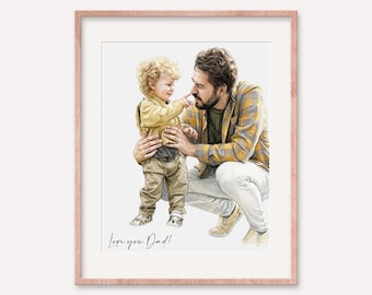 Custom Father's Day Gift | Family Portrait | Father Son Painting Portrait from Photo | Watercolor Drawing