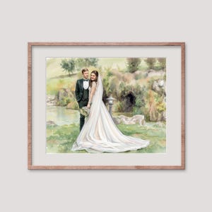May include: A framed watercolor painting of a wedding couple in a garden setting. The bride wears a long white gown and veil, and the groom is in a black tuxedo. The background features greenery, a pond, and a traditional Japanese lantern.