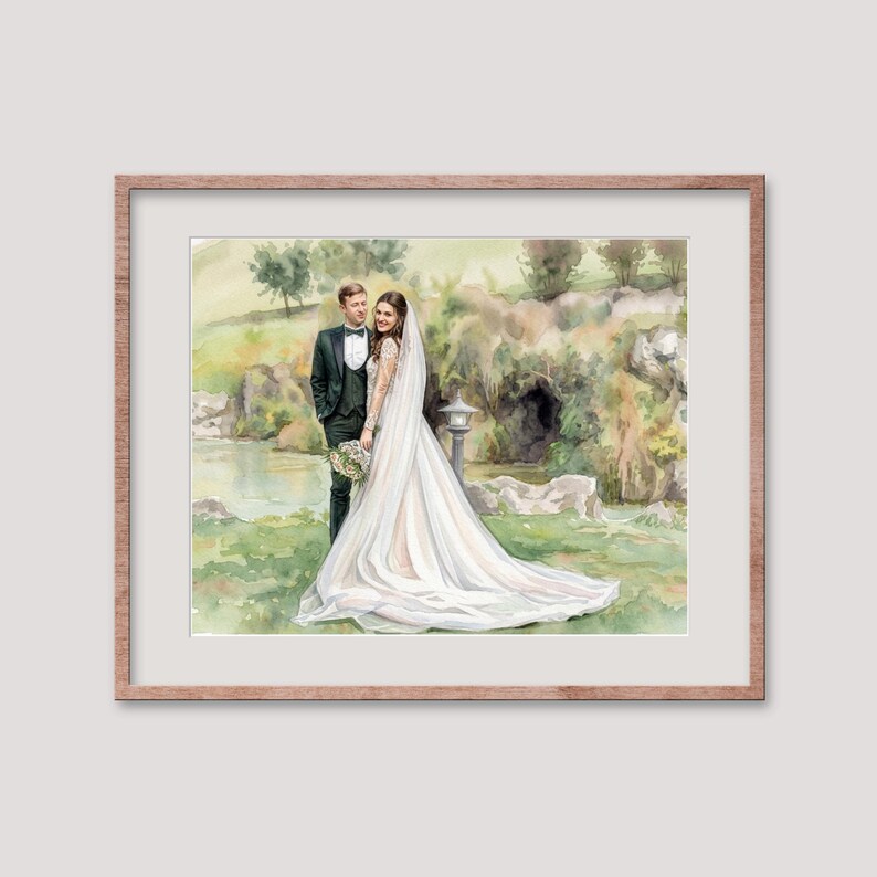 May include: A framed watercolor painting of a wedding couple in a garden setting. The bride wears a long white gown and veil, and the groom is in a black tuxedo. The background features greenery, a pond, and a traditional Japanese lantern.