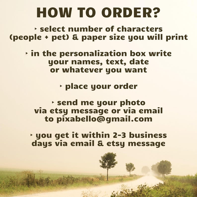 Puede incluir: Imagen con texto: "&iquest;C&Oacute;MO ORDENAR?" con instrucciones para pedir un producto. Los pasos incluyen seleccionar caracteres, escribir en un cuadro, hacer un pedido, enviar una foto y recibir el producto. Un camino rural est&aacute; en el fondo.