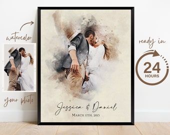 Custom Wedding Anniversary Gift for Wife Husband, Gift for Boyfriend Girlfriend, Watercolor Couple Portrait from Photo, Painting from Photo