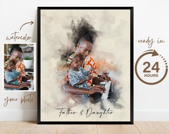 Père Fils Fille Peinture Portrait à partir de Photo | Cadeau personnalisé pour la fête des Pères | Cadeau d'anniversaire personnalisé pour mari | Portrait de famille