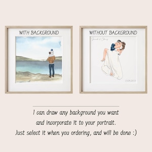 May include: Two framed art prints. One shows a watercolor illustration of a person with a child on their shoulders at the beach. The other depicts a couple embracing. Text on the prints reads "WITH BACKGROUND" and "WITHOUT BACKGROUND".