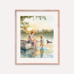 May include: Watercolor print of a serene lakeside scene. A person sits in a boat, holding hands with a child wading in the water. A dog swims nearby. The artwork features soft colors and a warm, golden sunset.