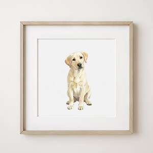May include: A framed print featuring a seated yellow Labrador Retriever dog. The dog is depicted with a light brown coat and attentive expression. The artwork is set against a white background, framed in a light wood frame.