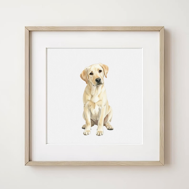 May include: A framed print featuring a seated yellow Labrador Retriever dog. The dog is depicted with a light brown coat and attentive expression. The artwork is set against a white background, framed in a light wood frame.