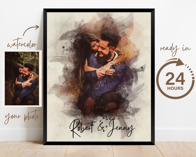 Wedding Anniversary Gift for Wife Husband, Watercolor Couple Portrait Painting from Photo, Engagement Gift, 1st Anniversary Gift, Wall Art image 5