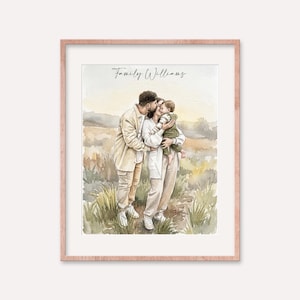 Op de afbeelding: Waterverfportret van een gezin van drie in een roségouden lijst. Het kunstwerk toont een stel dat hun kind kust in een veld. De tekst "Family Williams" staat bovenaan de afbeelding.