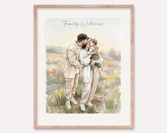 Custom Family Watercolor Portrait Painting from Photo, Personalized Father's Day Gift, Hand-Drawn
