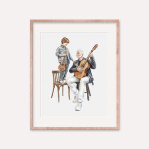 May include: Watercolor print of a man and a child playing guitars. The man is seated, holding a guitar, while the child stands nearby with a smaller guitar. The artwork is framed in a light brown frame.
