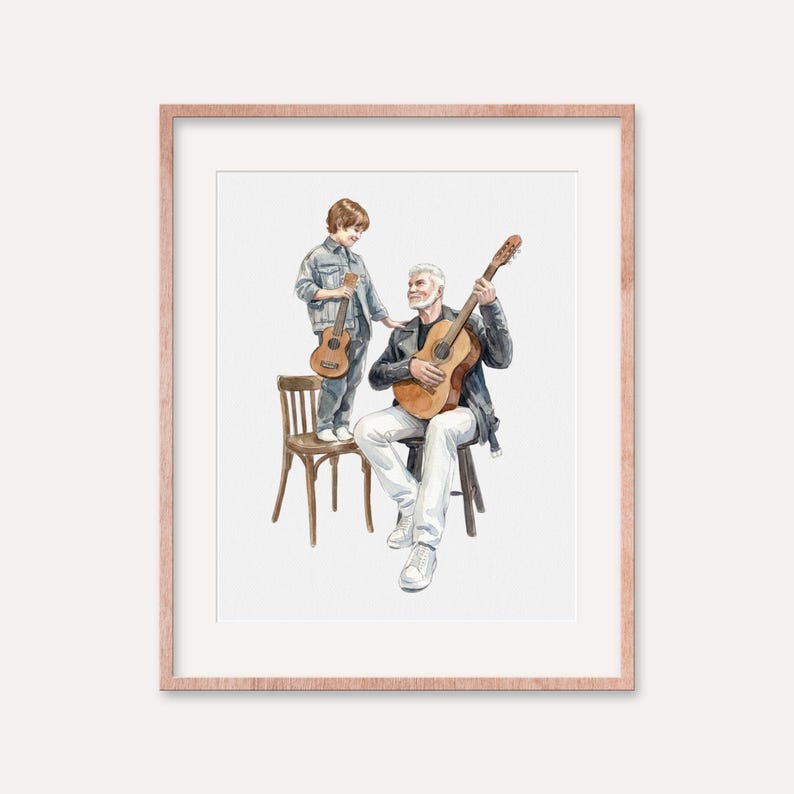 May include: Watercolor print of a man and a child playing guitars. The man is seated, holding a guitar, while the child stands nearby with a smaller guitar. The artwork is framed in a light brown frame.
