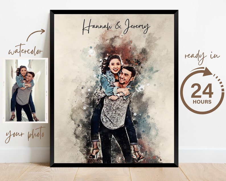 Wedding Anniversary Gift for Wife Husband, Watercolor Couple Portrait Painting from Photo, Engagement Gift, 1st Anniversary Gift, Wall Art image 10