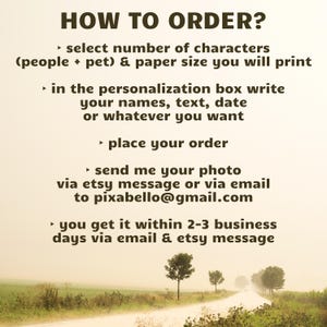 May include: A beige graphic with the text "HOW TO ORDER?" and instructions for ordering a custom product. The instructions include selecting the number of characters, writing details in a personalization box, and sending a photo via Etsy message or email.