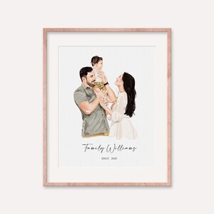 May include: A framed watercolor portrait of a family. The artwork depicts a man, woman, and child. The man is wearing a green shirt, the woman a white dress. The child is on the man's shoulders. The frame is a light brown color. The text "Family Williams Since 2025" is at the bottom.