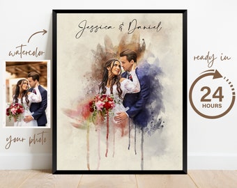 Watercolor Couple Portrait, 1st Anniversary Wedding Gift for Husband Wife Parents, 1st Anniversary Present, Painting from Photo, Wall Art