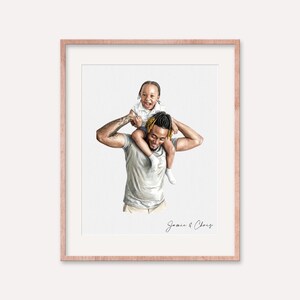 May include: A framed watercolor portrait of a father and child. The father, wearing a gray t-shirt, carries the child on his shoulders. The child, in a white shirt, smiles. The frame is a light rose gold color, and the names "Jamie & Chris" are written at the bottom.