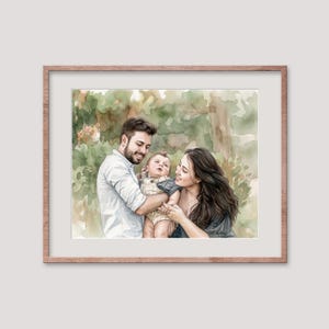 May include: A framed watercolor portrait of a family. The artwork depicts a man, a woman, and a baby. The man wears a white shirt, the woman a dark top, and the baby a light-colored onesie. The background is a soft, green watercolor wash.