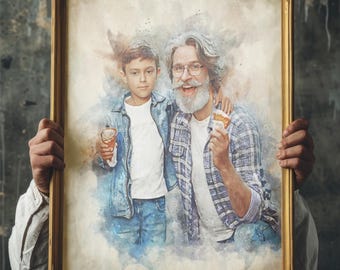 Retrato de família personalizado, presente para pais ou avós de netos ou filhos, pintura de avô e neto, presente de foto de avô
