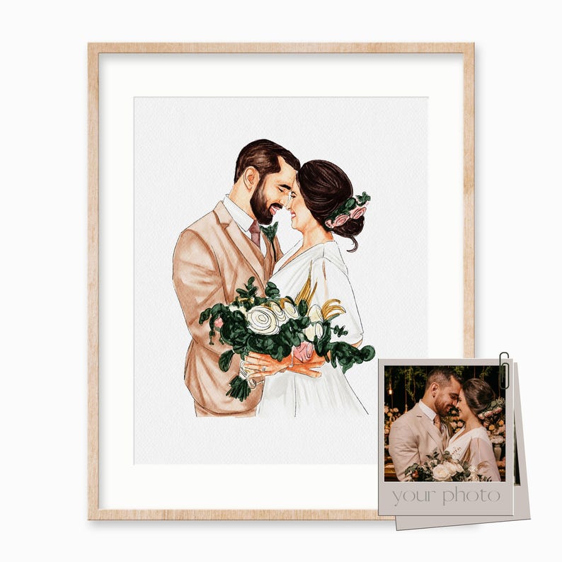 May include: A watercolor illustration of a couple in wedding attire, the bride holding a bouquet of white and pink flowers. The illustration is framed in a light wood frame. A smaller image of the couple in a real-life photo is shown in the bottom right corner.