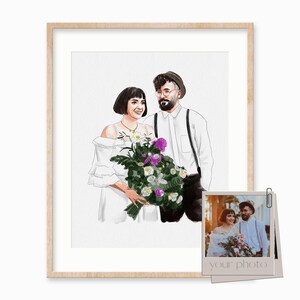 May include: A watercolor illustration of a couple in wedding attire. The woman is wearing a white dress and holding a bouquet of purple and white flowers. The man is wearing a white shirt, a black hat, and black pants. The illustration is framed in a light wood frame.