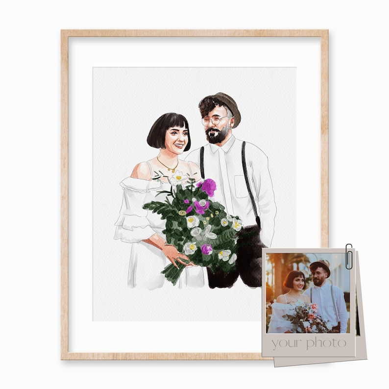 May include: A watercolor illustration of a couple in wedding attire. The woman is wearing a white dress and holding a bouquet of purple and white flowers. The man is wearing a white shirt, a black hat, and black pants. The illustration is framed in a light wood frame.