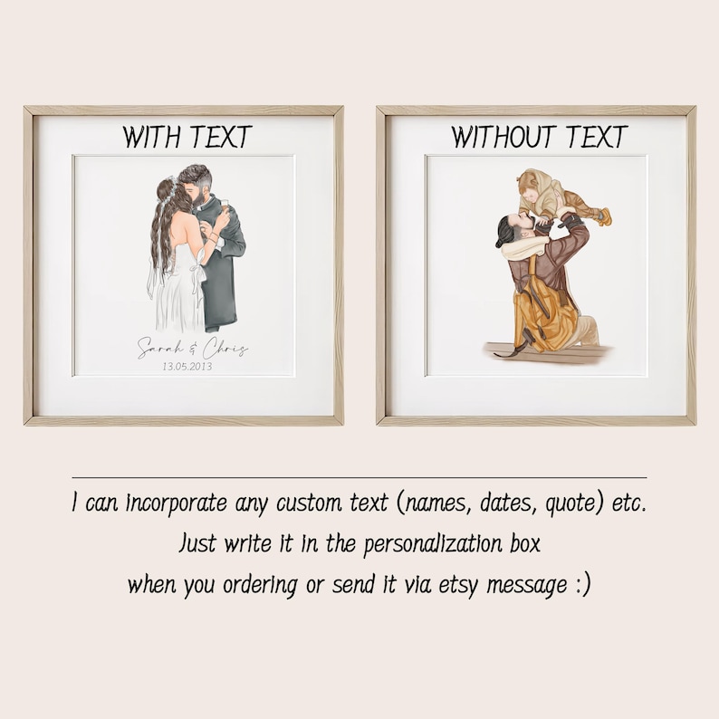 May include: Two framed art prints. The left print shows a couple embracing, with the text "Sarah & Chris 13.05.2013". The right print depicts a person holding a lion cub. The text below states custom text is available.