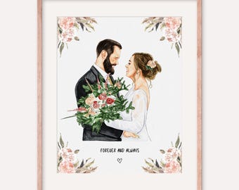 Cadeau d'anniversaire pour mari et femme personnalisé, portrait de couple personnalisé à partir d'une photo, aquarelle à partir d'une photo, cadeau de 1er anniversaire