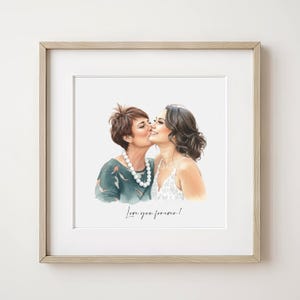 May include: Watercolor portrait of two women kissing, framed in a light wood frame. One woman wears a green top and a pearl necklace. The other woman wears a white dress. The text "Love you forever!" is written below the image.
