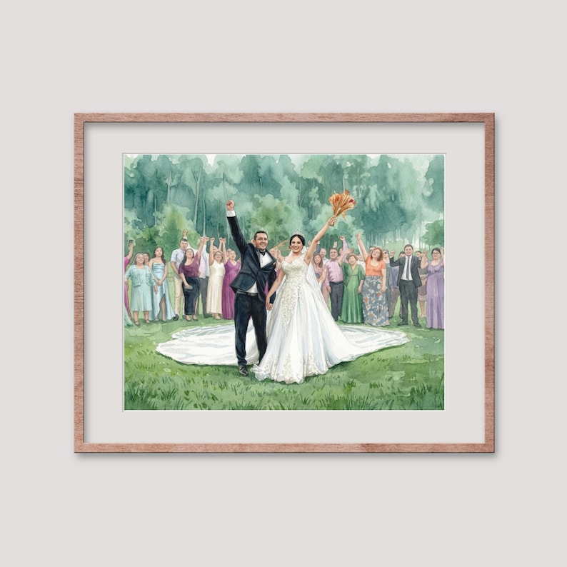 Puede incluir: Pintura a la acuarela de una escena de boda. Una pareja se encuentra en primer plano, con los brazos levantados en celebraci&oacute;n, rodeada de invitados. La novia lleva un vestido blanco con una larga cola, y el novio un traje negro. El fondo presenta un bosque verde.