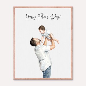 Może przedstawiać: Akwarelowa ilustracja ojca trzymającego dziecko w powietrzu. Obraz jest oprawiony w jasnobrązową ramkę i zawiera napis "Happy Father's Day!" czarnym pismem.
