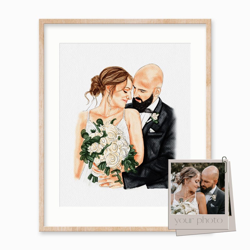 May include: A watercolor painting of a bride and groom in a romantic pose. The bride is wearing a white dress and holding a bouquet of white flowers. The groom is wearing a black suit and tie. The painting is framed in a light wood frame.
