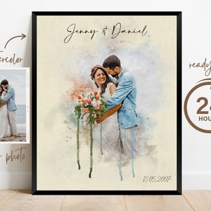 Wedding Anniversary Gift for Wife Husband, Watercolor Couple Portrait Painting from Photo, Engagement Gift, 1st Anniversary Gift, Wall Art