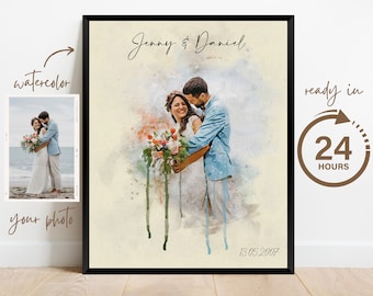 Wedding Anniversary Gift for Wife Husband, Watercolor Couple Portrait Painting from Photo, Engagement Gift, 1st Anniversary Gift, Wall Art