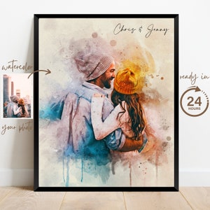 Anniversary Gift for Boyfriend Husband Personalized, Custom Couple Portrait from Photo, Watercolor Painting from Photo, 1st Anniversary Gift