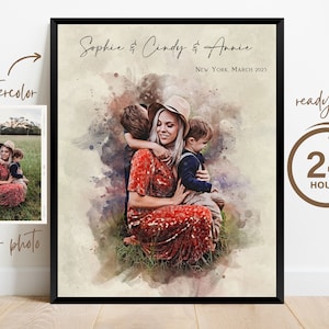 Ritratto ad acquerello per la festa della mamma da foto, regalo per mamma, madre e nonna, ritratto di madre, figlio e figlia, ritratto di famiglia, 1° festa della mamma