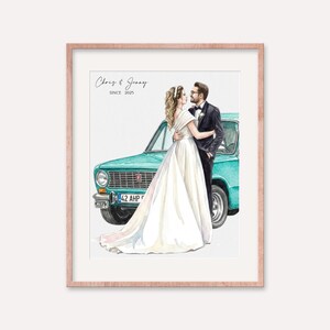 May include: Watercolor illustration of a couple embracing in front of a teal vintage car. The bride wears a white wedding dress, and the groom is in a black tuxedo. The text "Chris & Jenny SINCE 2025" is at the top.