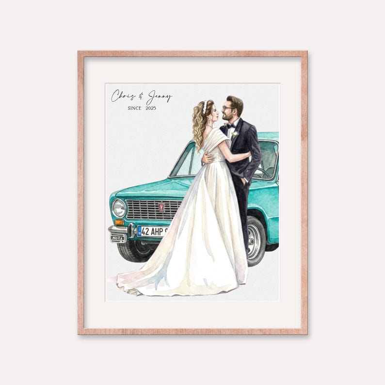 May include: Watercolor illustration of a couple embracing in front of a teal vintage car. The bride wears a white wedding dress, and the groom is in a black tuxedo. The text "Chris & Jenny SINCE 2025" is at the top.