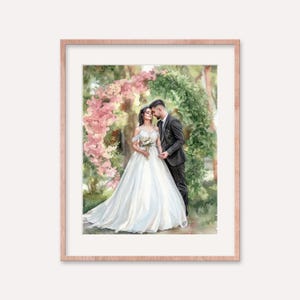 May include: Watercolor painting of a wedding scene. A couple stands under a floral archway, the bride in a white gown and the groom in a black suit. Pink and green flowers frame the couple, creating a romantic setting.