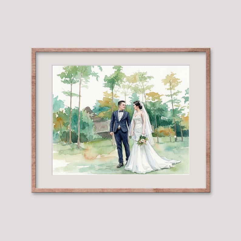 May include: Watercolor painting of a wedding couple holding hands, framed in a light brown wooden frame. The bride wears a white wedding dress and veil, and the groom wears a navy suit. The background features trees and greenery.
